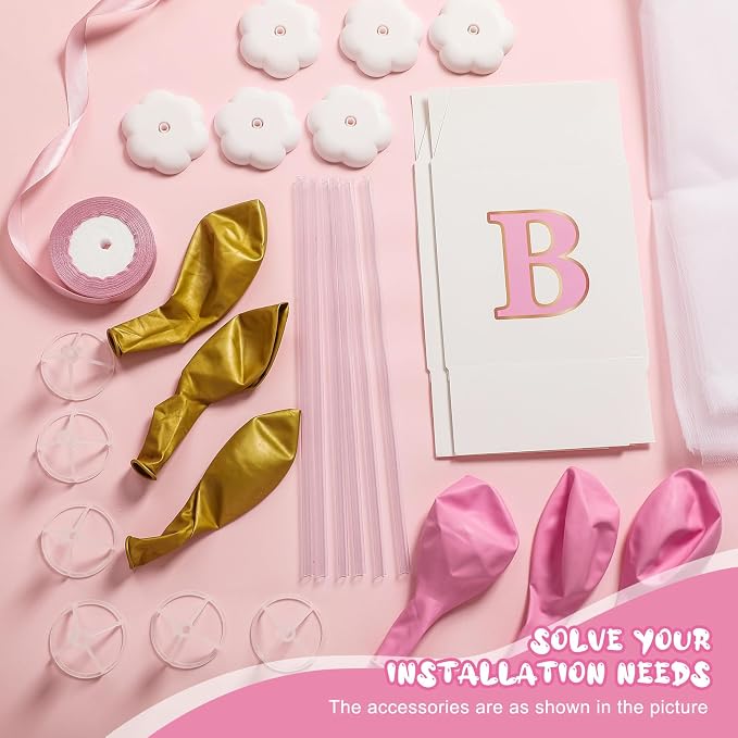 6 Set 24'' Pink Gold Tulle Tutu Balloon with Letter Boxes Princess Baby Shower Table Centerpiece Decor for Gender Reveal Latex Balloon White Tulle Cover with Stand Box for Girl Wedding Birthday Party