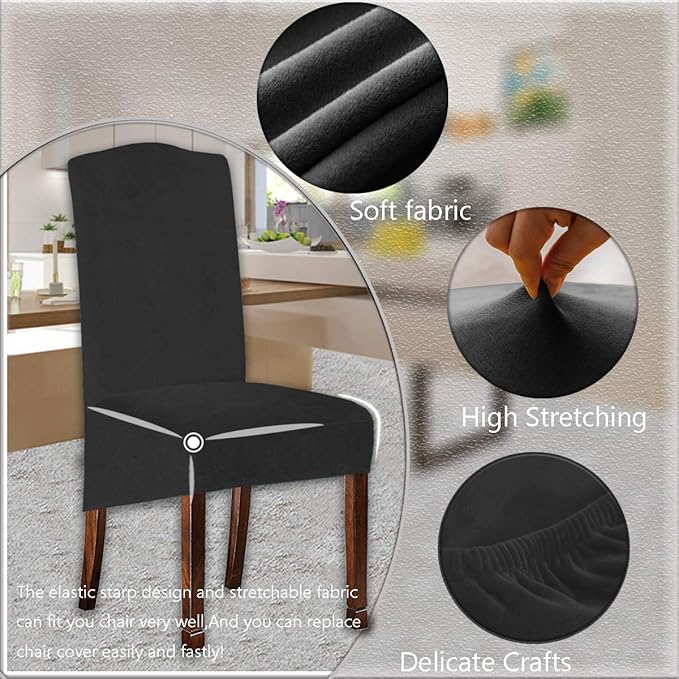 Velvet Plush XL Dining Chair Covers, Stretch Chair Slipcover, Spandex High Chairs Protector Covers Seat Slipcover with Elastic Band for Dining Room,Wedding, Ceremony, Banquet (Dark Grey, Set of 4)