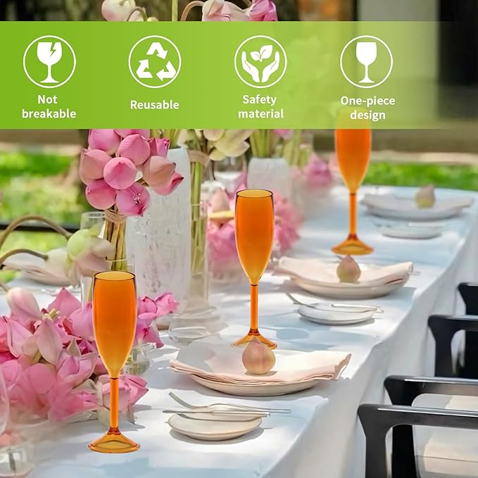 Champagne Flutes 5.4OZ Plastic Champagne Glasses Wine Glasses 24Pcs Plastic Goblets for Parties Mimosa Bar Glasses Stemmed Drinking Cups for Wedding Celebration Christmas Birthday Bride (Amber)