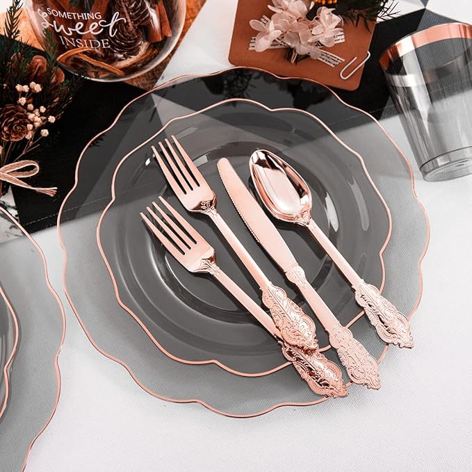 BUCLA 30Guests Clear Black Plastic Plates With Rose Gold Silverware & Cups - Rose Gold Rim Plastic Dinnerware Ideal for Party & Mother's Day
