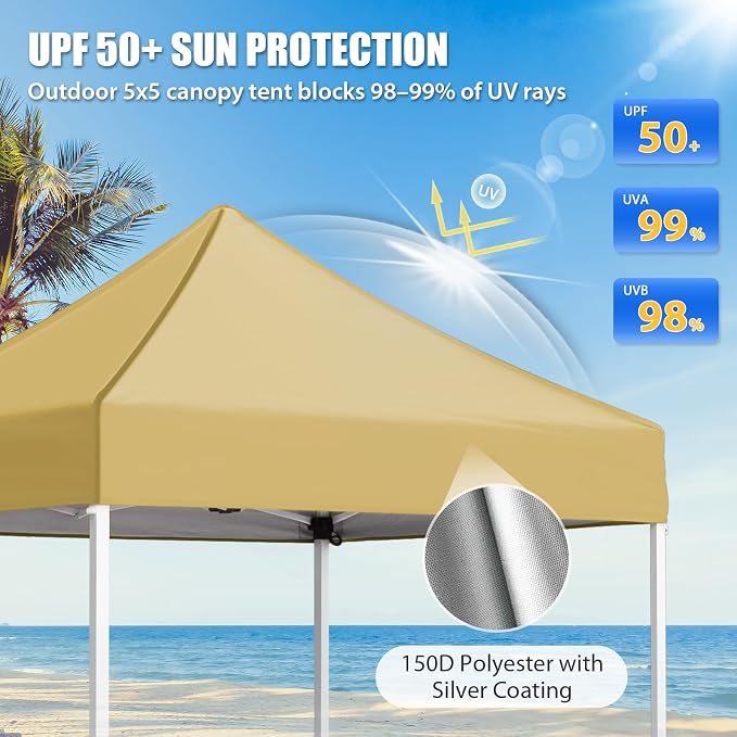 EAGLE PEAK 5x5 Pop Up Canopy Tent Instant Outdoor Canopy Easy Set-up Straight Leg Folding Shelter, Beige