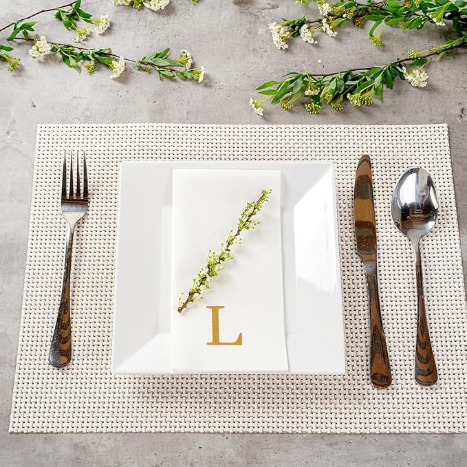 Luxenap 15.8 X 7.9 Inch Linen-Feel Guest Towels, 50 Lettered Hand Towels - Gold Letter 'L', Sans Serif Font, White Paper Dinner Napkins, airlaid, For Restrooms And Tables