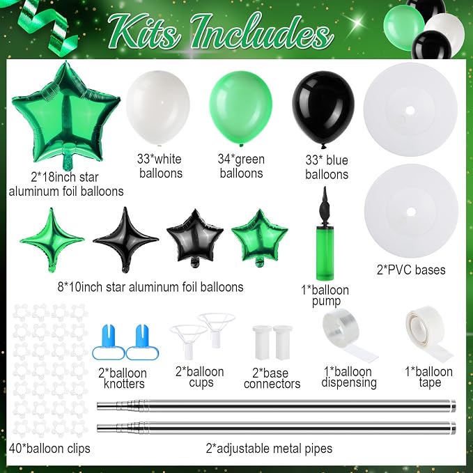 Gejoy 110 Pcs Football Party Balloon Column Stand Kit Green White Black Adjustable Tower Stand from 1.4 to 6.6 ft with Bases for Football Party Back to School Wedding Birthday Baby Shower