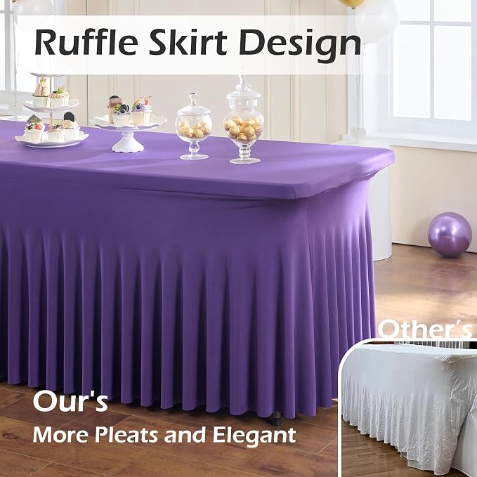 NSSONBEN 2 pk Purple Spandex Tablecloth for 6 Foot Rectangle Tables,Wrinkle Free Fitted Spandex Table Covers 6ft Stretch Table Cloths with Ruffle Skirt for Parties Weddings Banquet Baby Shower