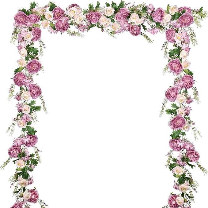 DearHouse 2Pack Artificial Peony Flower Garland - 6ft/Strand Silk Peony Garland with Pink Flowers for Wedding Party Table Decoration,Deep Ruby