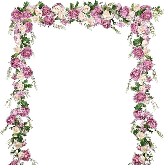 DearHouse 2Pack Artificial Peony Flower Garland - 6ft/Strand Silk Peony Garland with Pink Flowers for Wedding Party Table Decoration,Deep Ruby