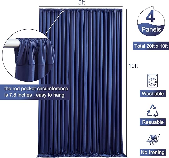 4 Panels Navy Blue Backdrop Curtain for Parties Wrinkle Free Photo Curtains Backdrop Drapes Fabric Decoration for Wedding Birthday Party Baby Shower 20ft(W) x 10ft(H)