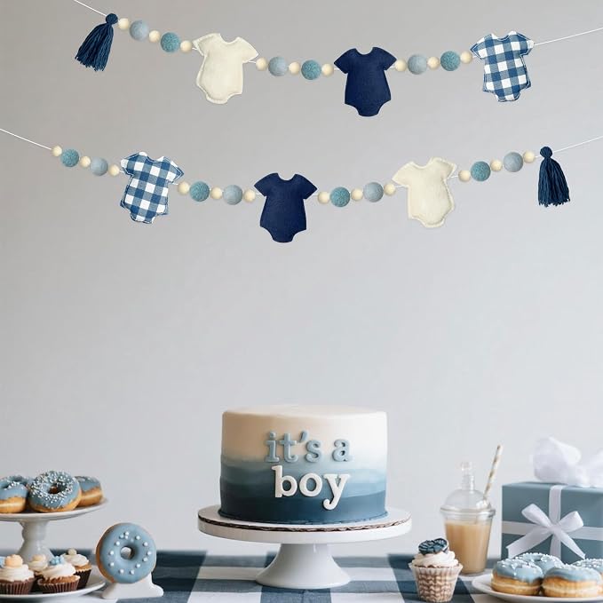 Dusty Blue Plaid Baby Clothes Decorations Pre-Strung Handmade Felt Baby Clothes Wooden Bead Wool Felt Ball Banner Garland for Sweet Baby Boy It's a Boy Baby Shower Party Nursery Fireplace Home Decor