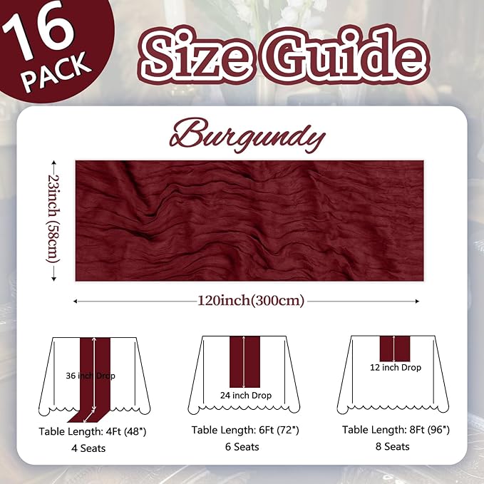 16 Pack Burgundy Cheesecloth Table Runner 10ft Boho Gauze Fabric 120 Inch Cheese Cloth Table Runner Rustic Sheer for Holiday Baby Shower Party Décor Home Wedding Decoration
