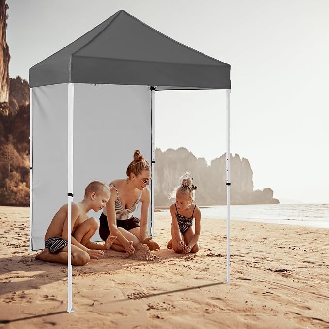 5x5 Pop Up Canopy Tent with One Sidewall, Instant Portable Beach Canopy, Outdoor Tent with Carry Bag for Camping, Sports, Tailgating, Events, Gray