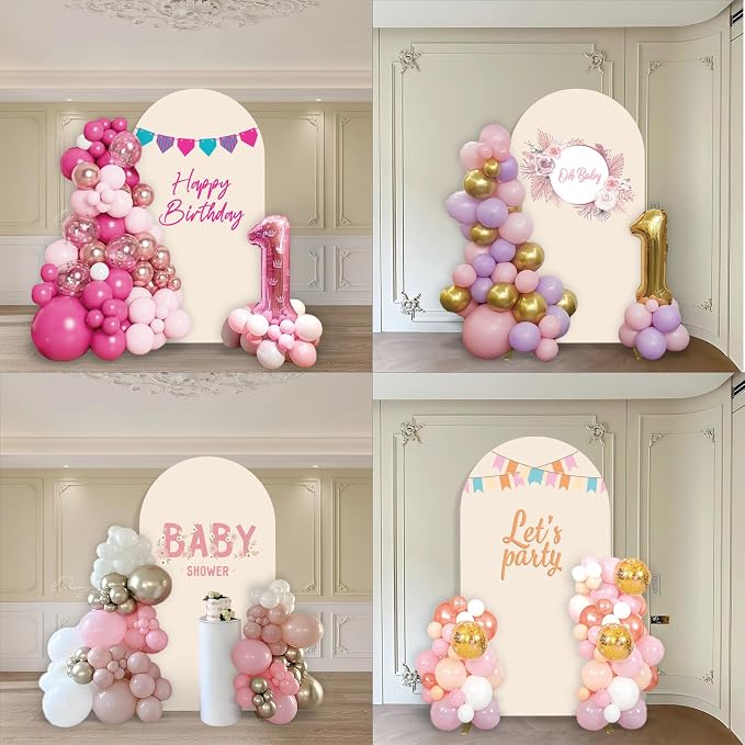 Metal Arch Backdrop Stand and Cover Set, 7.2FT Beige Reusable Spandex Fitted Backdrop Cover and Gold Wedding Arch Frame for Baby Shower, Birthday, Parties Decoration.