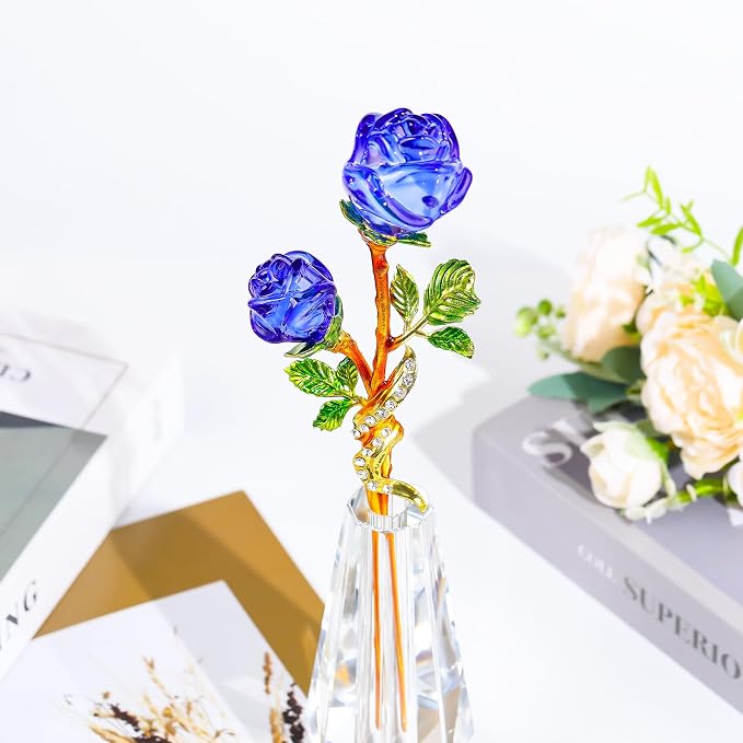 YWHL Handmade Crystal Blue Rose Flower Figurine with Vase, Bouquet Glass Flowers Ornament Rose Gifts for Girlfriend Sister Women, Crystal Flower Home Decor for Anniversary Mother's Day Wedding