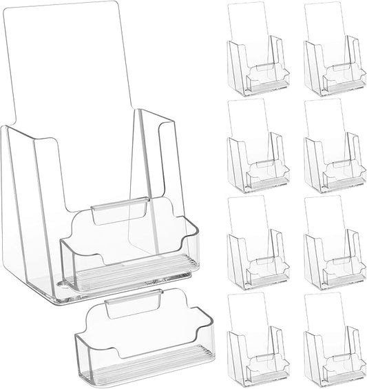 8 Sets Acrylic Brochure Holder 4'' x 9'' Brochure Display Stand Pamphlet Flyer Stand Plastic Flyer Holder with Business Card Case for Magazine Literature Booklets Menu Journals