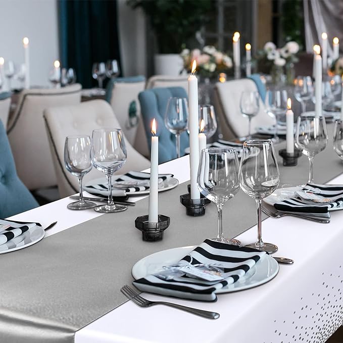 Breling 24 Packs White and Silver Disposable Plastic Tablecloths and Satin Table Runner Set, 54 x 108 Inch Tablecloth, 12 x 108 Inch Table Runners for Wedding Graduation Birthday Baby Shower