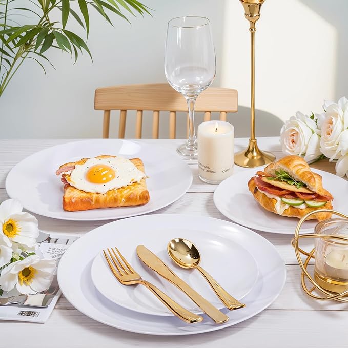 Nervure 100Pcs White Plastic Plates - 10.25inch Disposable White Dinner Plates - Heavy Duty Plastic Plate Ideal for Wedding & Party (Pack of 2)