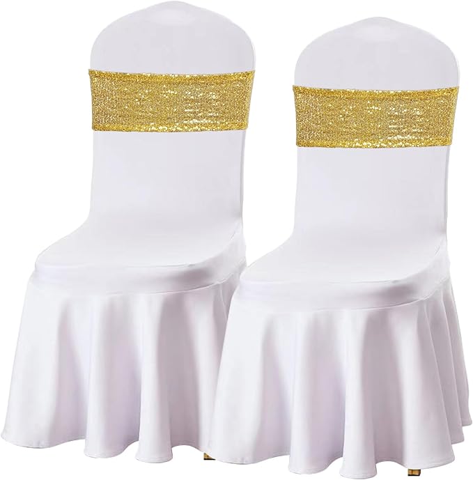 SquarePie Pack of 20 Sequin Chair Sashes Glitter Gold Bows Bands for Wedding Banquet Party Decor