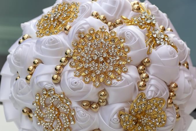 White Wedding Bridal Bouquet with Gold Brooch Bling Rhinestone Pearl Satin Rose Flower Bouquet for Bride Bridesmaid Quinceanera Wedding White 9.5in