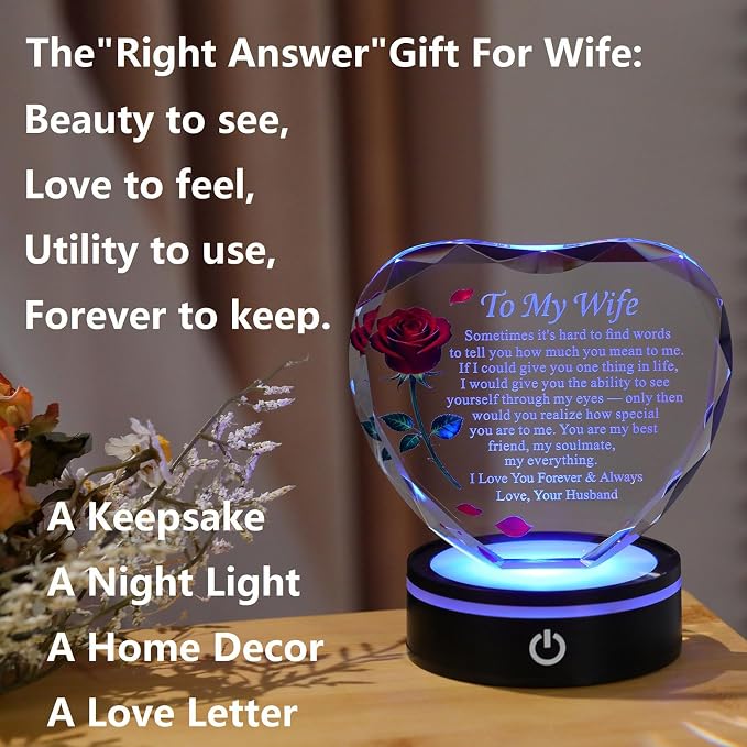 Anniversary and Birthday Gifts for Women Wife, Heart Shaped Crystal Keepsake with Rose and Love Letter Engraving, Color Changing LED Base,Romantic Christmas Valentine's Day Gifts for Wife from Husband (Red Rose - Multicolor LED)