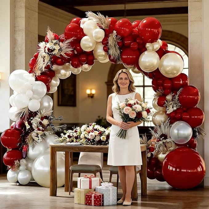 Red White Balloon Garland Double Stuffed Dark Red Pearl White Balloon Arch Kit Burgundy Balloons for Mother's Day Birthday Wedding Bridal Shower Engagement Graduation Party Decor