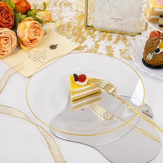 Liacere 150PCS Clear Gold Plastic Plates - Gold Plastic Silverware with Glitter Handle - Clear Disposable Plates Include 30 Guests Plates, Forks, Spoons, Knives for Wedding & Party