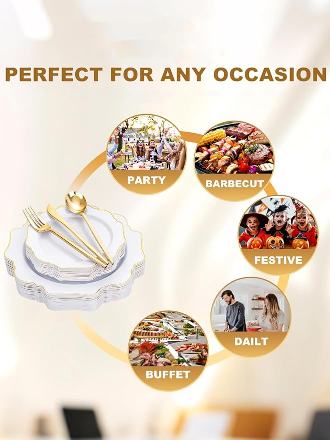 WDF 175Pcs Gold Plates Disposable - White and Gold Plastic Plates 25guest Plastic Dinnerware Ideal for Party/Wedding/First Communion/Spring