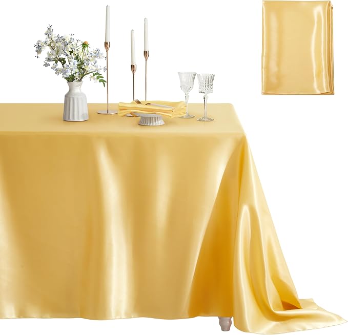 1 Pack Square Satin Table Cover Silkly Soft Table Cloth, Satin Dining Table Cloths for Wedding Banquet Table Decoration, Dining Room, Indoor and Outdoor Use, 52 x 52 Inches, Gold