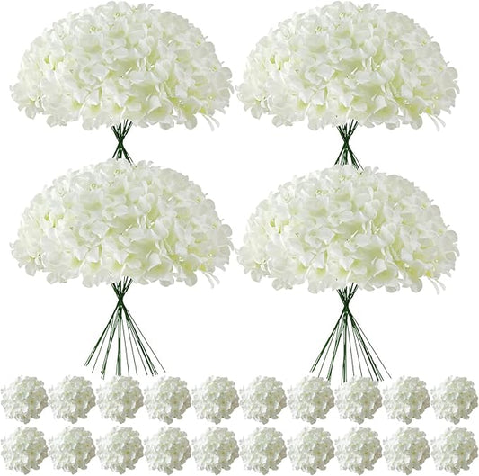 100 Pcs Faux White Hydrangea Artificial Flowers Bulk, Fake Silk Hydrangea Flowers Heads with Stems for Wedding Decorations Garden Party Baby Shower Porch Home Decor Table Centerpieces