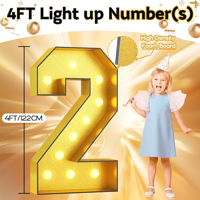 Number 2 Marquee, 4FT Light Up Numbers Gold Large Number 2 Marquee Mosaic Numbers for 2nd Birthday, Giant Marquee Number 4 Feet Tall DIY Frame Pre-Cut Foam Board Kit for Graduation Anniversary Party