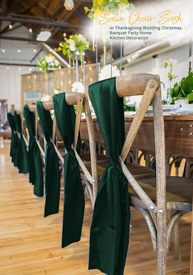 120 PCS Emerald Green Satin Chair Sashes, Ties Bows Designed Chairs Decorative, Chair Cover Sashes for Thanksgiving Wedding Christmas Banquet Party Home Kitchen Decoration (7 x 108 inch)