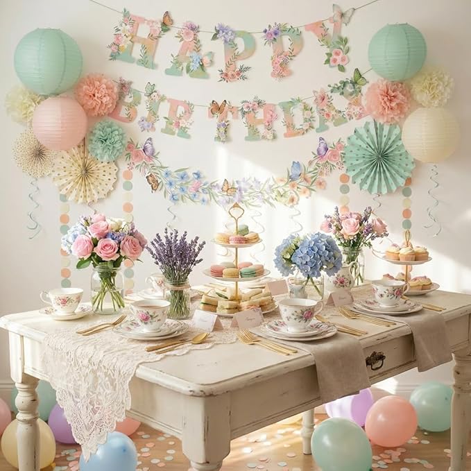Sage Green Blush Pink Birthday Decorations,Flower Butterfly Happy Birthday Banner, Wildflower Garland,Paper Lanterns Tissue Pom Poms for Spring Summer Boho Fairy Garden Tea Party Neutral Décor
