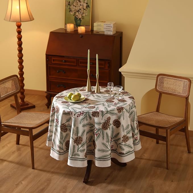 ISAENNE Designer Vintage Linen Round Tablecloth,Diameter 55"-Carol B | French Elegant Table Cloth for Round Table,Pinecones Pattern,Decor,Dining Room,Kitchen,Tea Party,Thanksgiving,Christmas