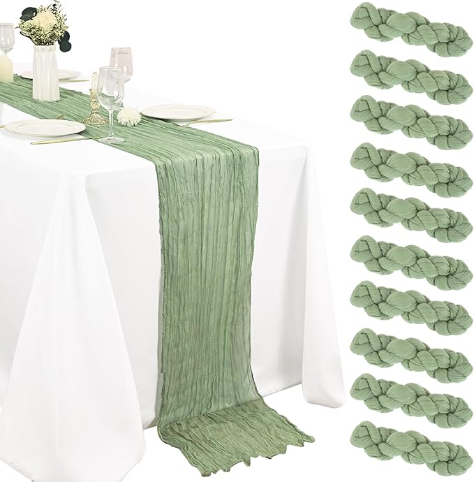 10 Pack Sage Green Cheesecloth Table Runner 10FT Boho Gauze Fabric Cheese Cloth Table Runners for Wedding ,Party,Baby Shower, Bridal Party, Rustic Farmhouse and Table Decorations