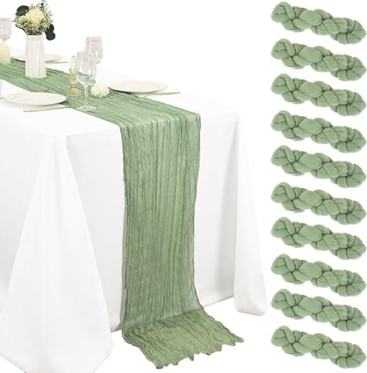 10 Pack Sage Green Cheesecloth Table Runner 10FT Boho Gauze Fabric Cheese Cloth Table Runners for Wedding ,Party,Baby Shower, Bridal Party, Rustic Farmhouse and Table Decorations