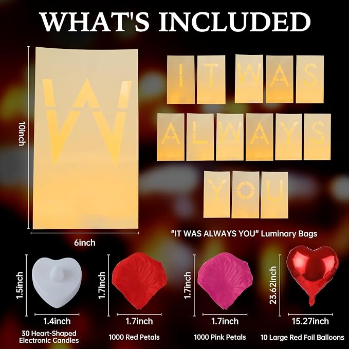 It Was Always You Decorations – Romantic Decoration Kit with Light Up Letters, 30 Tea Light Candles, 2000 Rose Petals, 10 Balloons – Luminary Bags for Anniversary Surprise
