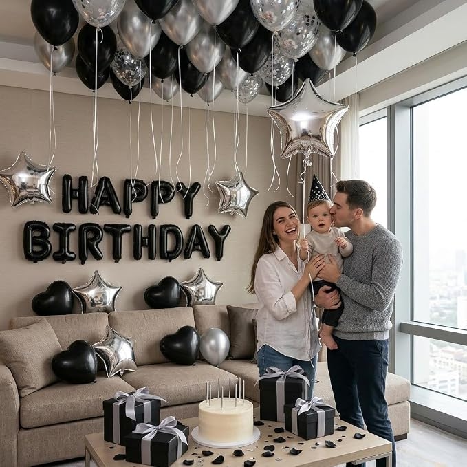 Romantic Birthday Decorations for Men with Black Silver Balloons, Happy Birthday Banner, Tea Lights and Rose Petals, Birthday Decorations for Boyfriend Husband Anniversary Surprise Room Decor (73PCS)