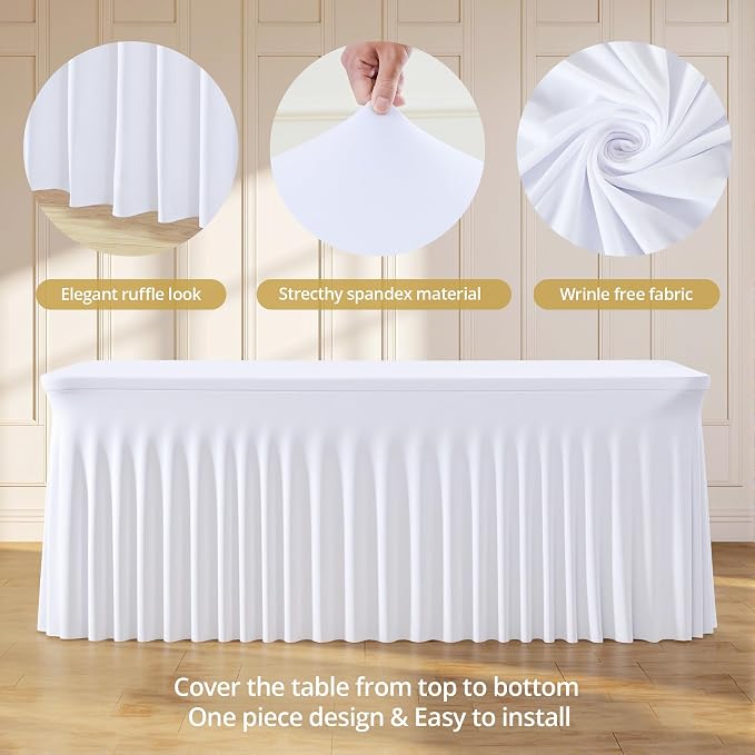 6 Pack 8ft White Spandex Tablecloths for Rectangle Tables Wrinkle Free White Rectangle Table Cloth, Stretch Fitted Table Cover with Skirt for Wedding Birthday Party Banquet Baby Shower Buffet Event