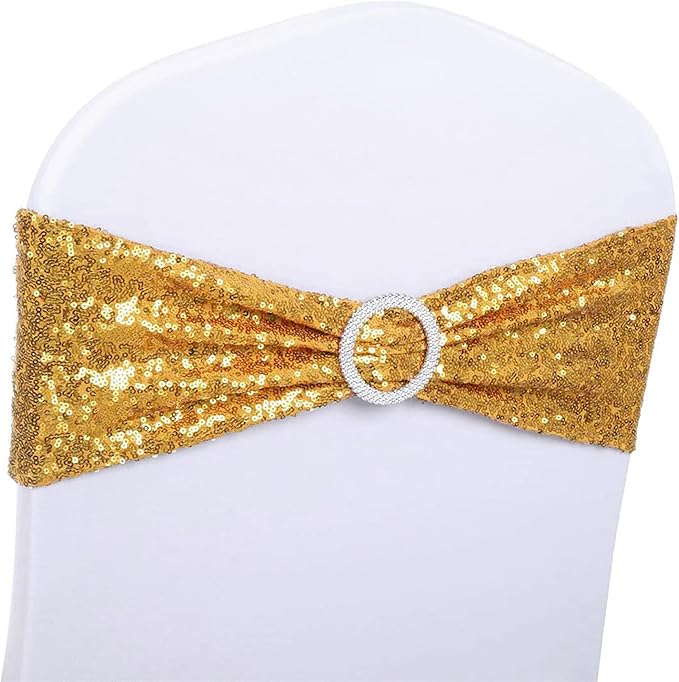 Pack of 100 Spandex Sequin Gold Chair Sashes for Wedding Chair Sashes for Party Fiesta Baby Shower Decor Chairs Bands - Sequins Gold Sash for Chairs