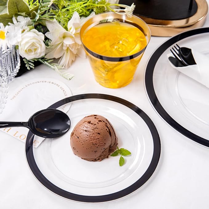 Liacere 350PCS Clear Black 350PCS Disposable Dinnerware Set for 50 Guests- 100 Plastic Plates, 50 Pre rolled Black Silverware,50 Plastic Cups for Wedding & Party & Graduation