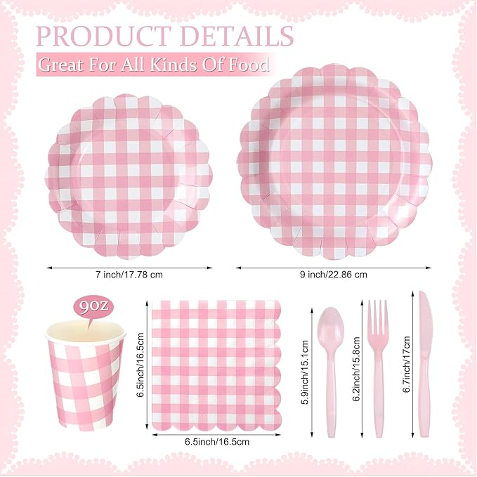 Yaomiao 168 Pcs Pink Gingham Plates and Napkins Pink Princess Party Decor Pastel Gingham Paper Plates Cups Napkin Plastic Knife Fork Spoon Serve 25 Guests Wedding Baby Shower Birthday Party Supplies