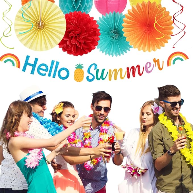 Summer Luau Hawaiian-Beach Party-Decorations Supplies - 21pcs Hello Banner,Pool Paper Lanterns Honeycomb,Hanging Streamers Garland,Tissue Pom Poms Flowers Fans,Tropical Outdoor Theme Decor Burgleda