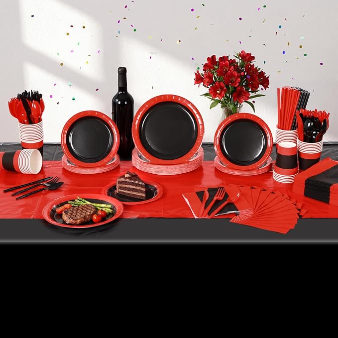Funnymoom 452 Pcs Red and Black Party Decorations, Red and Black Paper Plates Cups Napkins Tablecloth Cutlery Straws Baby Shower Wedding Birthdays Party Supplies, 50 Guests