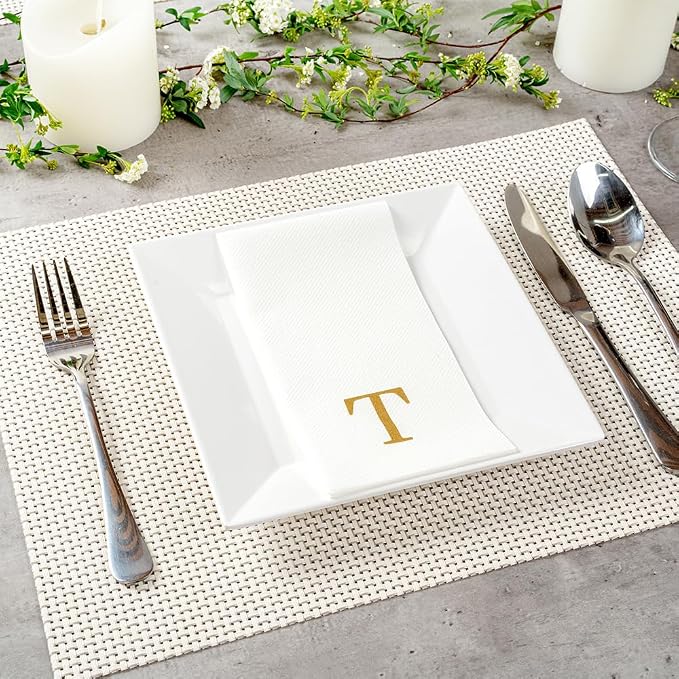 Luxenap 15.8 X 7.9 Inch Linen-Feel Guest Towels, 50 Lettered Hand Towels - Gold Letter 'T', Sans Serif Font, White Paper Dinner Napkins, airlaid, For Restrooms And Tables