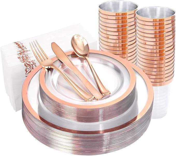 YOUBET 175PCS Rose Gold Plastic Plates - Clear Plastic Plates Disposable with Rose Gold Rim includes 50 Plates, 25Forks, 25Knives, 25Spoons, 25Cups, 25Napkins for Party & Wedding