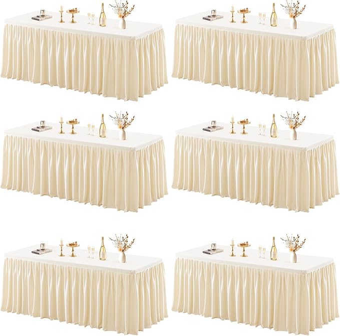 6 Pack Champagne Tablecloths for Rectangle Tables 8ft, Wrinkle Resistant Spandex Tablecover Fitted Stretch Table Cloth with Pleated Ruffle Table Skirts for Party Banquet Dining Birthday Wedding
