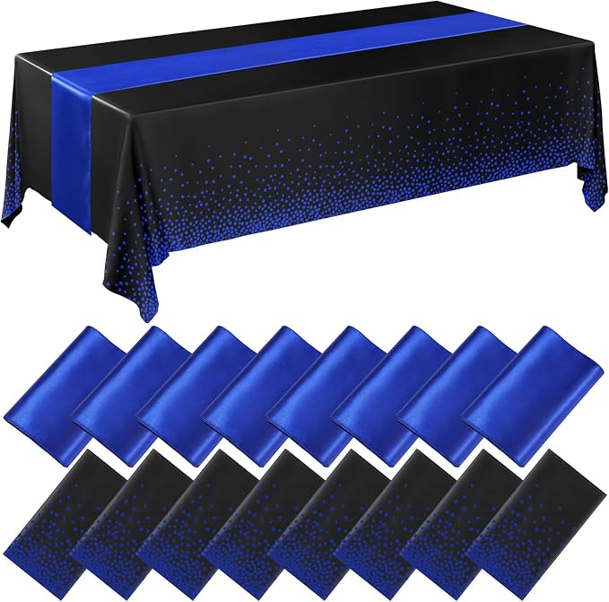 Breling 16 Pack Black and Blue Disposable Plastic Tablecloths and Satin Table Runner Set, 54 x 108 Inch Tablecloth, 12 x 108 Inch Table Runners for Wedding Graduation Birthday Baby Shower New Year