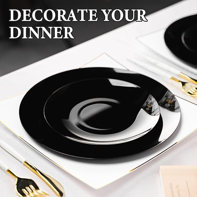 Lullaby 100PCS Black and Gold Plastic Plates, Disposable Black Plastic Plate with Gold Rim, 50PCS Dessert Plates 7" and 50PCS Dinner Plates 10", Perfect for Party Wedding and Daily Use