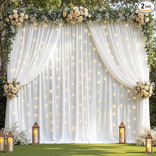 10 x 10ft White Backdrop Curtains with Lights String for Wedding Polyester Photo Backdrop Drapes Wrinkle Free White Curtains Backdrop for Birthday Parties Reception Baby Shower Ceremony-5 x 10ft x 2P