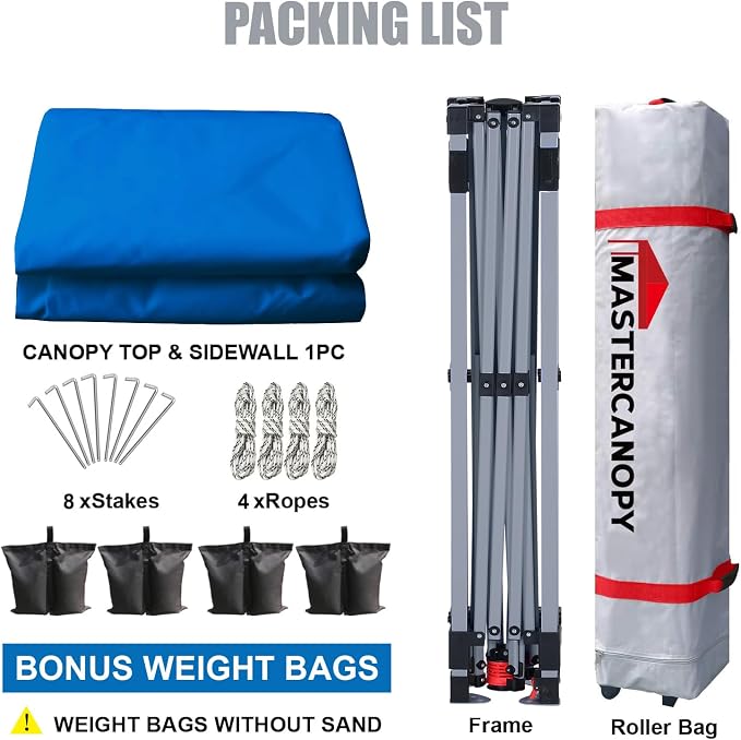MASTERCANOPY 10x10 Pop Up Canopy Tent with 1 Sidewall, 1 Person Setup Instant Shelter, Outdoor Portable Beach Canopy, 1 Roller Bag, 4 Sandbags, 4 Ropes, 8 Stakes (10x10, Blue)