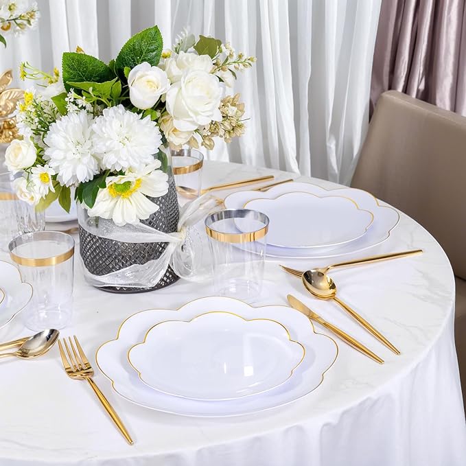 ejonirinjonir EI 180pcs White Plastic Plates with Gold Plastic Silverware,Heavy-Duty Disposable Plates for Party,White Dinnerware Set for 30 Guest Wedding,Birthday,Spring Afternoon Tea