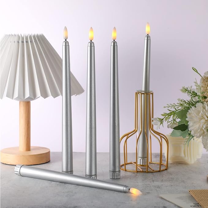 Macarrie 24 Packs Flameless Taper Candles Battery Operated Fake 11 Inch Long Candlelight LED Flameless Candlesticks Flickering Tapered for Summer Fall Wedding(Silver)